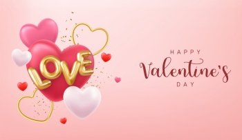 3d Happy Valentines Day banner with red heart balloons, gold metal shapes on pink background. Gift card, love party, invitation voucher design. 3d rendering. Vector illustration. 3d Happy Valentines Day banner