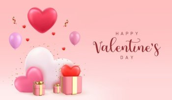 3d Happy Valentine s Day. Holiday wedding. happy birthday. Festive background with realistic heart balloons. Romantic banner, web poster. 3d rendering. Vector illustration. 3d Happy Valentine s Day.