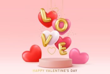 3d Empty pink product podium scene with heart shape balloons and gold word love balloons. Design concept for Happy Valentines Day. 3d rendering. Vector illustration. 3d Empty pink product podium scene