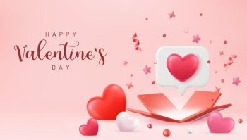 3d open present box with confetti and heart shape balloons around. Suitable for Valentine’s Day and Mother’s Day. 3d rendering. Vector illustration. 3d open present box