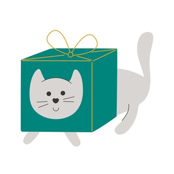 Christmas cat character in box. Funny kitten is playing. Playful cat with gift box isolated vector illustration. Christmas cat character in box