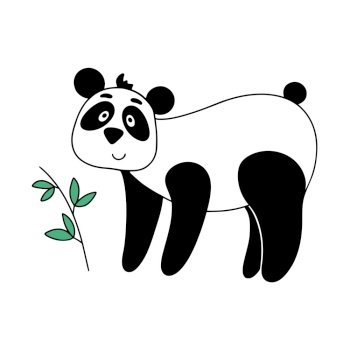 Funny panda stands isolated vector illustration. Black and white bear with sprig bamboo. Character panda symbol china cartoon. Funny panda stands isolated vector illustration