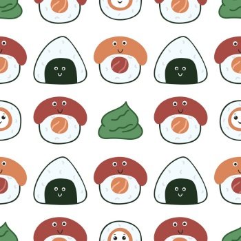 Kawaii sushi and sashimi seamless pattern. Asian food vector background. Cute characters print for textile, paper, packaging and product design. Kawaii sushi and sashimi seamless pattern
