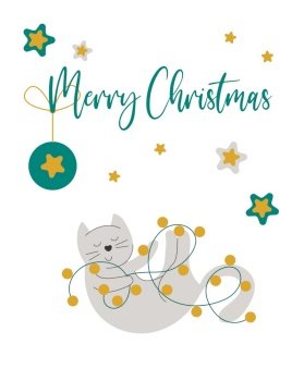 Merry Christmas greeting card vector illustration. Festive Christmas card funny cat with garland. Banner lettering congratulations and cute pet. Merry Christmas greeting card vector illustration