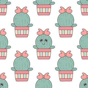 Cactus character seamless pattern. Background cute cacti girls with bows. Baby print for textile, packaging, paper and product design. Digital paper, vector illustration. Cactus character seamless pattern