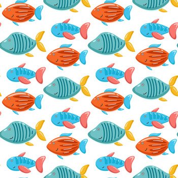 Underwater worldy kid background. Seamless pattern with marine colorful fish. Digital paper with ocean inhabitants. Baby print for wallpaper, textile, paper and design, vector illustration. Underwater worldy kid background