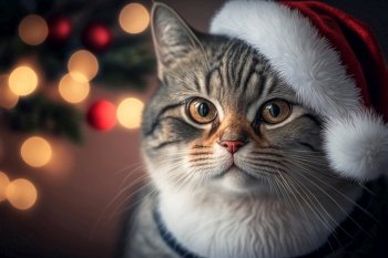 cat with santa claus hat on christmas lights bokeh background. cat with santa claus hat with christmas lights bokeh