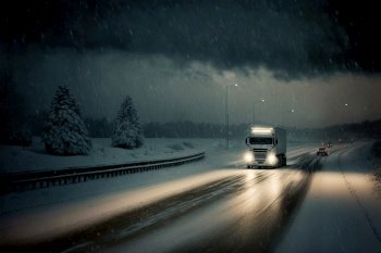 Truck and cars driving through snow storm on highway.. Truck and cars driving through snow storm on highway. Generative AI.