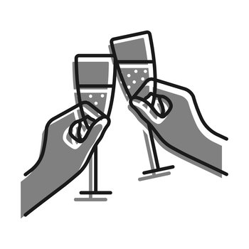 Linear icon. Glasses with festive sparkling champagne in hands. Cheers with glasses at New Year table. Simple black and white vector isolated on white background