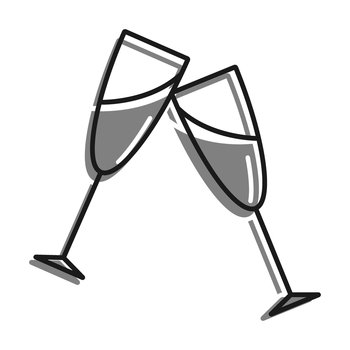 Linear icon. Glasses with festive sparkling champagne. Cheers with glasses at New Year table. Simple black and white vector isolated on white background