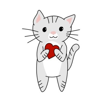 Valentine’s day cat with heart. Festive design element for the valentine holidays, events, discounts, and sales. Vector illustration.