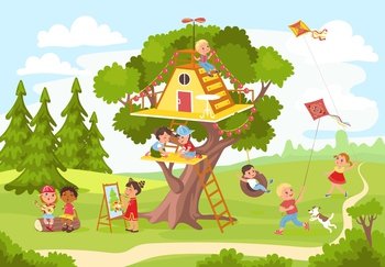 Tree house with kids. Funny boys and girls play on green backyard. Cozy home building in branches of oak. Happy children outdoor leisure. Flying kite and swing. Wooden shelter. Splendid vector concept. Tree house with kids. Funny boys and girls play on green backyard. Cozy home in branches of oak. Happy children outdoor leisure. Kite and swing. Wooden shelter. Splendid vector concept