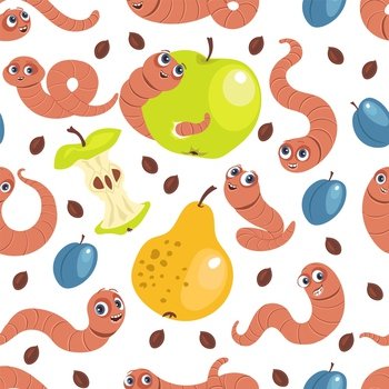 Funny soil worms seamless pattern. Cute cartoon characters with fruits. Garden dwellers. Little waste eaters. Earthworms with plums. Apple seeds. Crawling insects in pears. Splendid vector background. Funny soil worms seamless pattern. Cute cartoon characters with fruits. Garden dwellers. Waste eaters. Earthworms with plums. Apple seeds. Crawling insects. Splendid vector background
