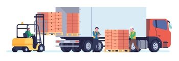 Forklift loads pallets into truck. Warehouse equipment for lifting cardboard boxes. Freight transportation. Shipping logistics. Storehouse worker loading cargo in lorry. Crate delivery. Vector concept. Forklift loads pallets into truck. Warehouse equipment for lifting cardboard boxes. Freight transportation. Shipping logistics. Storehouse worker loading cargo in lorry. Vector concept