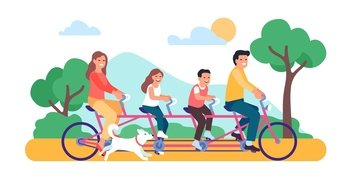 Joyful family rides together on tandem. Parents and kids on bicycle. Happy cyclists. City transportation. Young people walking with dog in park. Couple and children biking in nature. Vector concept. Joyful family rides together on tandem. Parents and kids on bicycle. City transportation. Young people walking with dog in park. Couple and children biking in nature. Vector concept