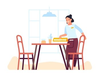 Waiter puts sign on reserved table. Booking table in restaurant. Catering service worker. Preorder in cafeteria. Waitress serving dining desk for reservation. Exclusive order in cafe. Vector concept. Waiter puts sign on reserved table. Booking table in restaurant. Catering service. Preorder in cafeteria. Waitress serving dining desk for reservation. Order in cafe. Vector concept