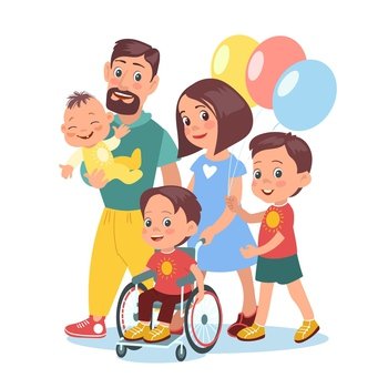 Happy family with disabled kid. Loving parents. Brother and cute baby. Smiling boy in wheelchair. Native people help and support. Cute mother and father with children portrait. Splendid vector concept. Happy family with disabled kid. Loving parents. Brother and cute baby. Smiling boy in wheelchair. Native people help and support. Mother and father with children. Splendid vector concept
