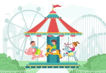 Happy children in amusement park. Cute happy kids on round carousel. Boys or girls ride merry-go-round. Different attraction animals. Funny deer and horse. Roundabout elephant. Splendid vector concept. Happy children in amusement park. Happy kids on round carousel. Boys or girls ride merry-go-round. Different attraction animals. Deer and horse. Roundabout elephant. Splendid vector concept