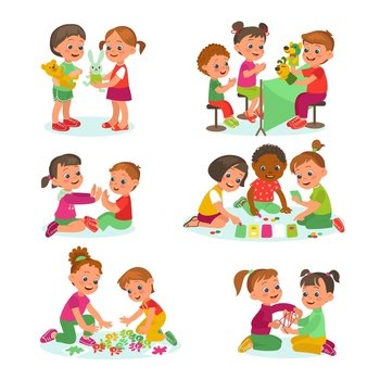 Children playing together. Kids group and pair activities. Happy boys and girls with different toys. Indoor nursery fun. Table games. Cute little friends. Kindergarten leisure. Splendid vector set. Children playing together. Kids group and pair activities. Boys and girls with different toys. Nursery fun. Table games. Cute little friends. Kindergarten leisure. Splendid vector set