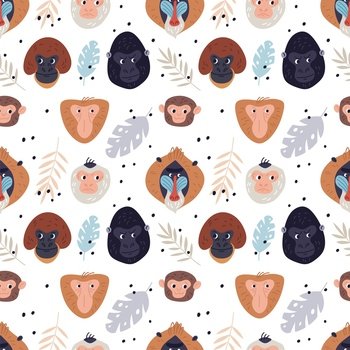 Cartoon monkeys seamless pattern. Exotic primates portraits with tropical plants leaves. Different breeds animals. Gorilla and chimpanzee. Wild mammals. Funny ape muzzles. Garish vector background. Cartoon monkeys seamless pattern. Exotic primates portraits with tropical plants leaves. Different breeds animals. Gorilla and chimpanzee. Funny ape muzzles. Garish vector background