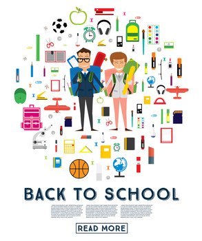 Smiling Young School Boy and Girl in Uniform with Backpack and Supplies. Vector Illustration. Back to School Concept.
