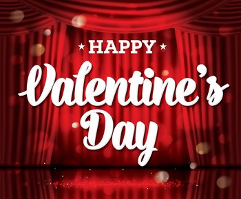 Happy Valentine’s Day. Open Red Curtains with Neon Lights and Copy Space. Vector Illustration. Theater, Opera or Cinema Scene. Light on a Floor