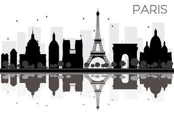 Paris City skyline black and white silhouette with reflections. Vector illustration. Simple flat concept for tourism presentation, banner, placard or web site. Cityscape with famous landmarks