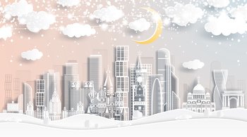 Moscow Russia Skyline in Paper Cut Style with Snowflakes, Moon and Neon Garland. Vector Illustration. Christmas and New Year Concept.