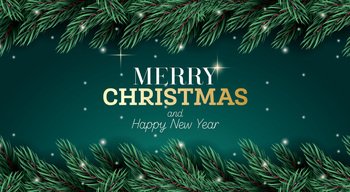 Greeting Card with Fir Branch and Neon Lights on Green Background. Merry Christmas and Happy New Year. Vector Illustration. 