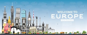 Welcome to Europe Skyline with Gray Buildings and Blue Sky. Vector Illustration. Tourism Concept with Historic Architecture. Europe Cityscape with Landmarks. London. Berlin. Moscow. Rome. Paris.