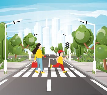 Mom with Son Crossing Road On Crosswalk, Road Markings, Sidewalk for Pedestrians, Trees and Traffic Lights. Vector Illustration. Cityscape. Urban Concept. City Skyline.
