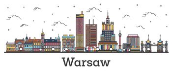 Outline Warsaw Poland City Skyline with Color Buildings Isolated on White. Vector Illustration. Warsaw Cityscape with Landmarks.