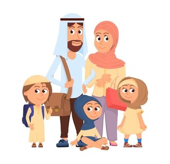 Arabic family. Saudi teenager, arabian father mother and children. Cartoon muslim characters, traditional boy girl man and woman together, decent vector scene illustration of muslim family. Arabic family. Saudi teenager, arabian father mother and children. Cartoon muslim characters, traditional boy girl man and woman together, decent vector scene
