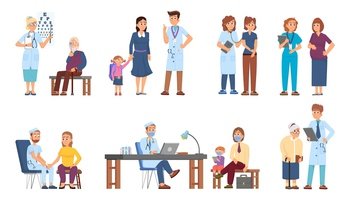 Patients with doctor. Patient examination, physician check up in hospital. People healthcare, medical pediatrician sitting at desk. Medicine decent vector set. Doctor and patient examination. Patients with doctor. Patient examination, physician check up in hospital. People healthcare, medical pediatrician sitting at desk. Medicine decent vector set