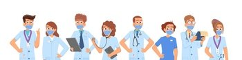 Medical team together. Hospital student, emergency nurse and medic specialist. Cheerful diverse doctors in suits. Pharmacists, dentists, surgery decent vector set. Illustration of hospital team. Medical team together. Hospital student, emergency nurse and medic specialist. Cheerful diverse doctors in suits. Pharmacists, dentists, surgery decent vector set