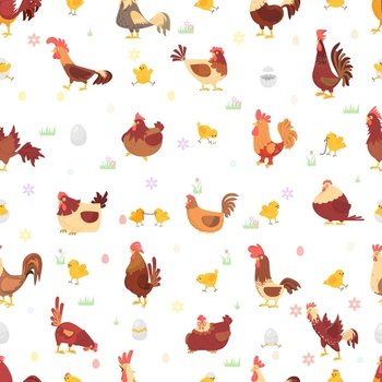 Chicken seamless pattern. Farm birds, chickens and rooster spring design. Easter eggs and chicks, domestic animals. Rustic decent vector print. Illustration of chicken wallpaper seamless. Chicken seamless pattern. Farm birds, chickens and rooster spring design. Easter eggs and chicks, domestic animals. Rustic decent vector print