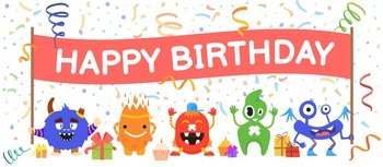 Monsters birthday banner. Happy kids party, cartoon monster congratulation. Funny characters, confetti and gift box. Cute decent vector background. Illustration of birthday happy banner. Monsters birthday banner. Happy kids party, cartoon monster congratulation. Funny characters, confetti and gift box. Cute decent vector background