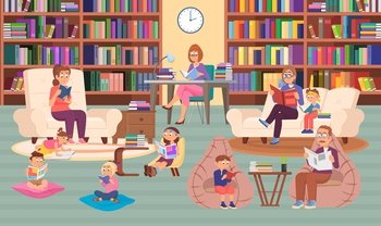 Kids in library. Cartoon boy and girl reading books. Bookshelf in classroom or bookstore, adults and children sitting and read. Decent vector concept girl and boy in library illustration. Kids in library. Cartoon boy and girl reading books. Bookshelf in classroom or bookstore, adults and children sitting and read. Decent vector concept