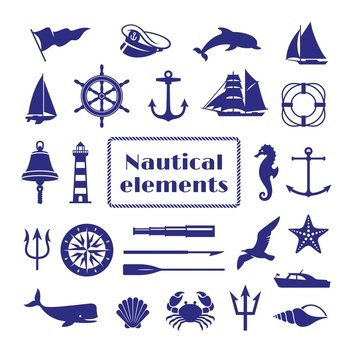 Nautical elements set. Nautic icon, sea bell and boat, ship wheel. Marine seagull silhouette, crab and seahorse. Navy compass, vintage vector stickers. Illustration of nautical anchor and sea symbol. Nautical elements set. Nautic icon, sea bell and boat, ship wheel. Marine seagull silhouette, crab and seahorse. Navy compass, vintage tidy vector stickers