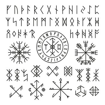 Futhark viking norse. Runic design icons, old mystery sign. Magic ancient symbols for game or tattoo. Nordic mythology, celtic tidy vector collection. Illustration of nordic amulet futhark. Futhark viking norse. Runic design icons, old mystery sign. Magic ancient symbols for game or tattoo. Nordic mythology, celtic tidy vector collection