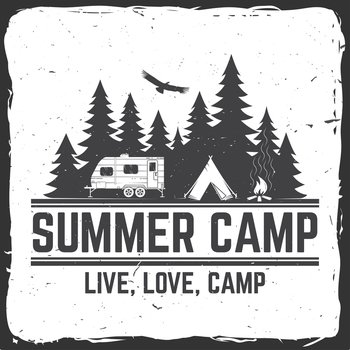 Summer camp. Vector illustration. Concept for shirt or logo, print, stamp or tee. Vintage typography design with rv trailer, camping tent and forest silhouette.. Summer camp. Vector illustration. Concept for shirt or logo, print, stamp or tee.