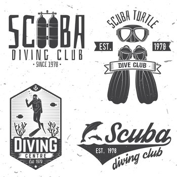 Scuba diving club. Vector illustration. Concept for shirt or logo, print, stamp or tee. Vintage typography design with diving gear silhouette.. Scuba diving club. Vector illustration.