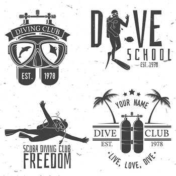 Set of Scuba diving club and diving school design. Vector illustration. Concept for shirt or logo, print, stamp or tee. Vintage typography design with diving gear silhouette.. Set of Scuba diving club and diving school design.