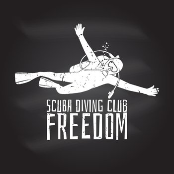 Scuba diving club. Vector illustration on the chalkboard. Concept for shirt or logo, print, stamp or tee. Vintage typography design with diver silhouette.. Scuba diving club. Vector illustration.