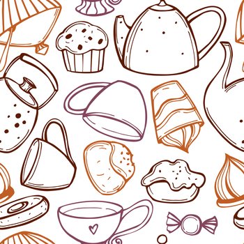 Tea set. Teapots , cups and cakes on white background. Vector  seamless pattern. . Teapots and cups. Vector   pattern. 