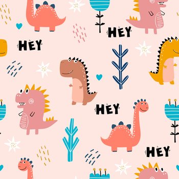 Baby pattern with dinosaurs. Vector hand-drawn colored seamless repeating baby pattern with cute dinosaurs, letters in Scandinavian style. Cute baby animals.. Baby pattern with dinosaurs. Vector hand-drawn colored seamless repeating baby pattern with cute dinosaurs, letters in Scandinavian style