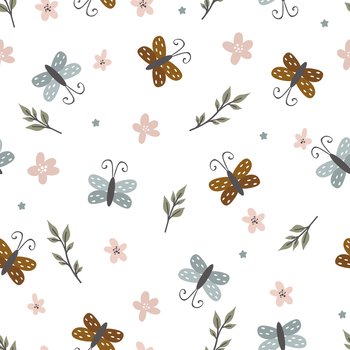 Seamless pattern with cute butterflies, flying insects. Simple naive vector illustration for textile print, wallpaper, wrapping paper.. Seamless pattern with cute butterflies, flying insects. Simple naive vector illustration for textile print, wallpaper, wrapping paper