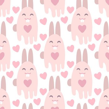 Romantic seamless pattern with big teeth hares and hearts. Vintage style print for T-shirt, textile, fabric, paper. Hand drawn vector illustration for decor and design.