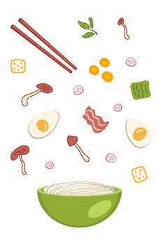 Shiitake asian ramen soup ingredients falling into a bowl of noodles. Perfect for tee, stickers, menu and stationery. Vector illustration for decor and design.