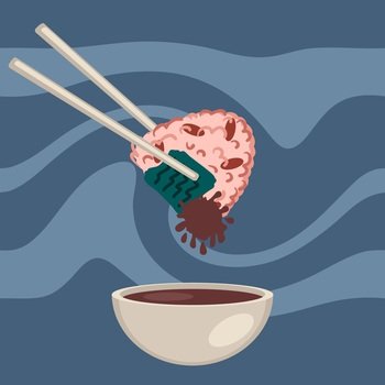Sekihan onigiri red bean rice ball with soy sauce and chopsticks. Perfect for tee, stickers, menu and stationery. Vector illustration for decor and design.